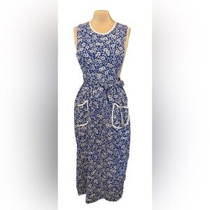 Vintage 60s Design House Cotton Pinafore Wrap Apron Maxi Dress‎ Navy & White